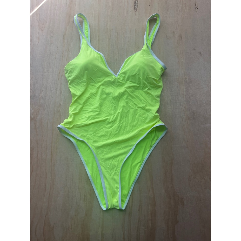 Nicole Miller New‎ York Neon Yellow Ribbed One Piece Swimsuit High Cut V-Neck L